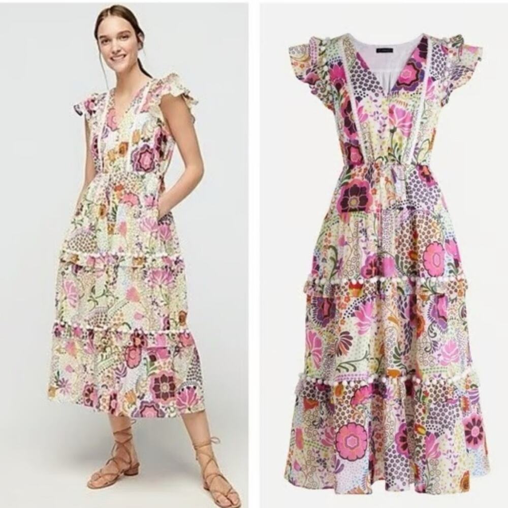 J.Crew Women Ratti Retro Colorful Floral V-Neck Ruffle Dress W/ Poms Poms Size 8